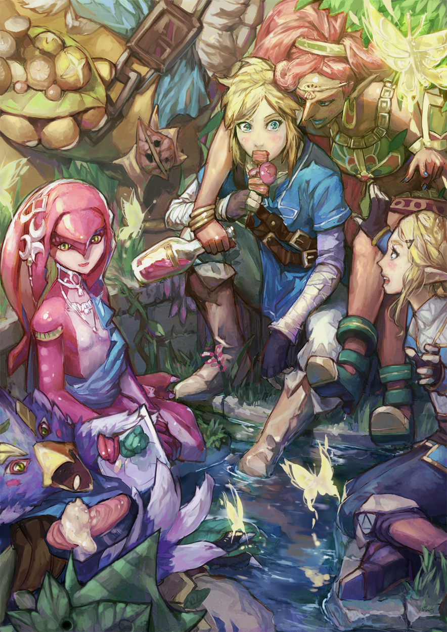3boys, 3girls, arm_around_neck, arm_rest, beak, blonde_hair, blue_eyes, boots