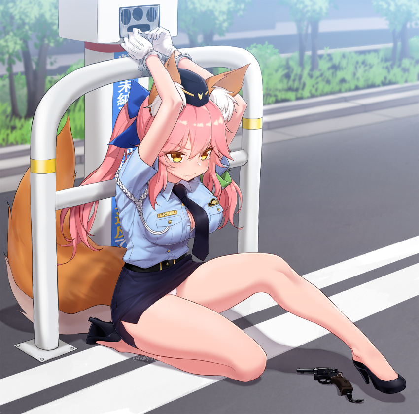 1girl, animal_ear_fluff, animal_ears, black_footwear, black_neckwear, black_skirt, blue_bow, blue_shirt, bow, breasts, cuffs, fate/extella, fate/extra, fate_(series), female_service_cap, fox_ears, fox_girl, fox_tail, full_body, gloves, gun, hair_bow, handcuffs, handgun, hat, high_heels, highres, large_breasts, long_hair, miniskirt, narynn, outdoors, panties, pantyshot, pantyshot_(sitting), pencil_skirt, pink_hair, police, police_hat, police_uniform, policewoman, restrained, revolver, shirt, sitting, skirt, solo, tail, tamamo_(fate)_(all), tamamo_no_mae_(fate), twintails, underwear, uniform, weapon, white_gloves, white_panties, yellow_eyes