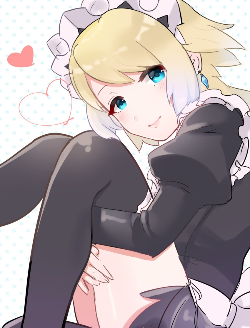 1girl, apron, blonde_hair, blue_eyes, blue_hair, blush, crown, earrings