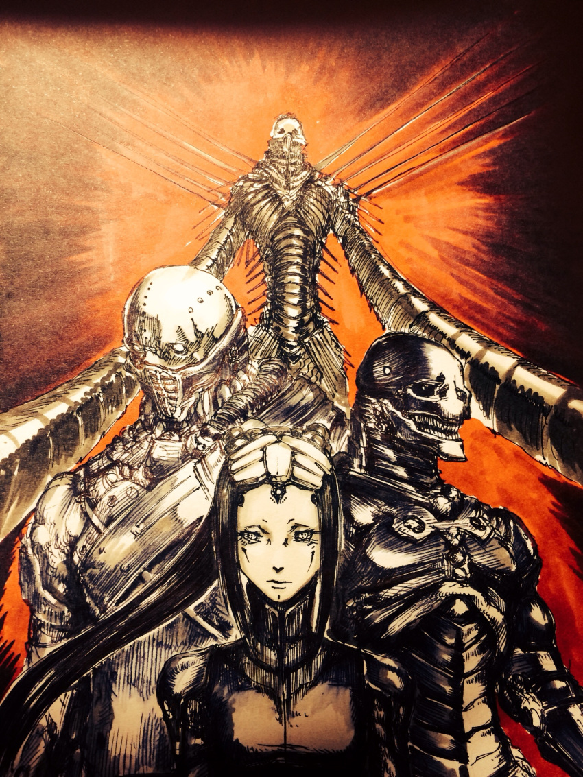android, black_hair, blame!, blon, commentary, davine_lu_linvega, ds_(ds310), facial_mark, highres, long_hair, monster, muted_color, pale_skin, pcell, pen_(medium), robot_joints, schiff_(blame!), silicon_creature, teeth, traditional_media, watercolor_(medium), white_eyes