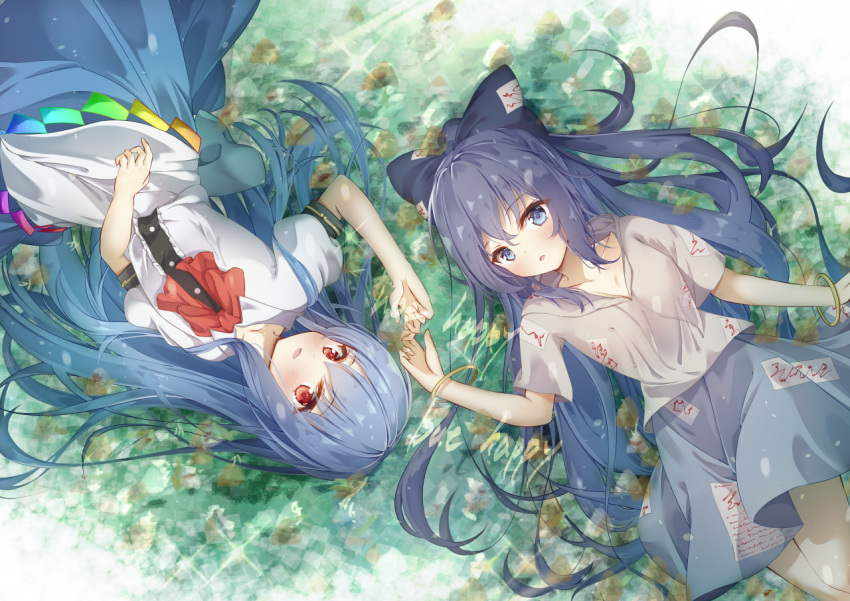 2girls, bangle, blue_eyes, blue_hair, blue_skirt, bow, bracelet, breasts