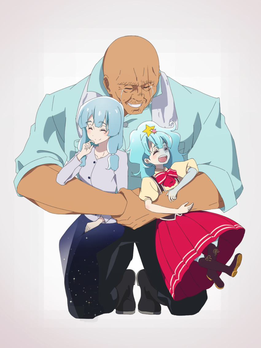 bald, blue_hair, boots, crying, family, ghost, gou_takeo, group_hug