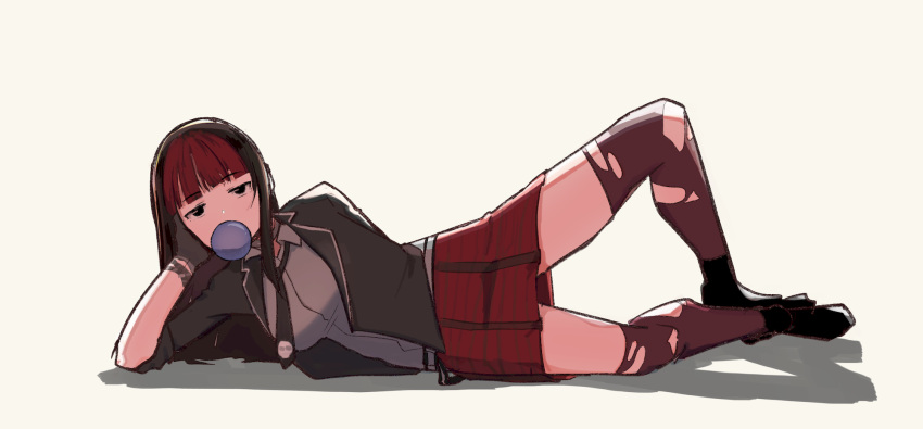 1girl, alternate_costume, alternate_hairstyle, arm_support, bangs, black_eyes, black_footwear, black_gloves, black_jacket, black_legwear, black_neckwear, blunt_bangs, boots, bubble_blowing, chewing_gum, chin_rest, eyebrows_visible_through_hair, from_behind, full_body, gloves, grey_shirt, han_juri, highres, jacket, knee_up, lineni, long_hair, looking_at_viewer, lying, multicolored_hair, necktie, on_side, open_clothes, open_jacket, pleated_skirt, red_skirt, school_uniform, shadow, shirt, skirt, skull, skull_print, sleeves_rolled_up, solo, street_fighter, street_fighter_v, thigh-highs, torn_clothes, torn_legwear, twintails, two-tone_hair, white_background