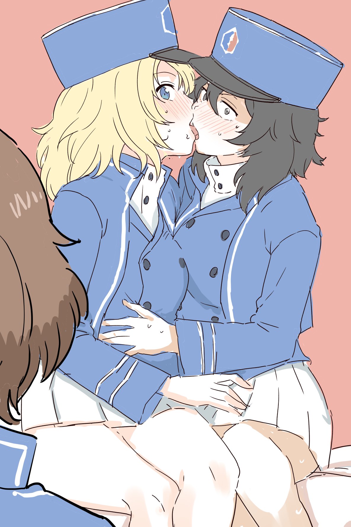 3girls, akiyama_yukari, andou_(girls_und_panzer), bangs, bc_freedom_(emblem), bc_freedom_military_uniform, black_hair, blonde_hair