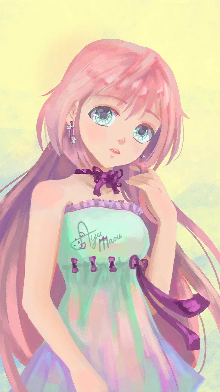 1girl, aqua_dress, aqua_eyes, arm_at_side, artist_name, ayumaou, bare_arms, bare_shoulders, breasts, collarbone, commentary, dress, earrings, english_commentary, fingernails, gradient, gradient_background, hair_between_eyes, hand_in_hair, head_tilt, highres, jewelry, lips, long_hair, looking_at_viewer, medium_breasts, neck_ribbon, no_lineart, original, parted_lips, pink_hair, purple_ribbon, ribbon, solo, standing, strapless, strapless_dress, thick_eyebrows, upper_body, very_long_hair, yellow_background