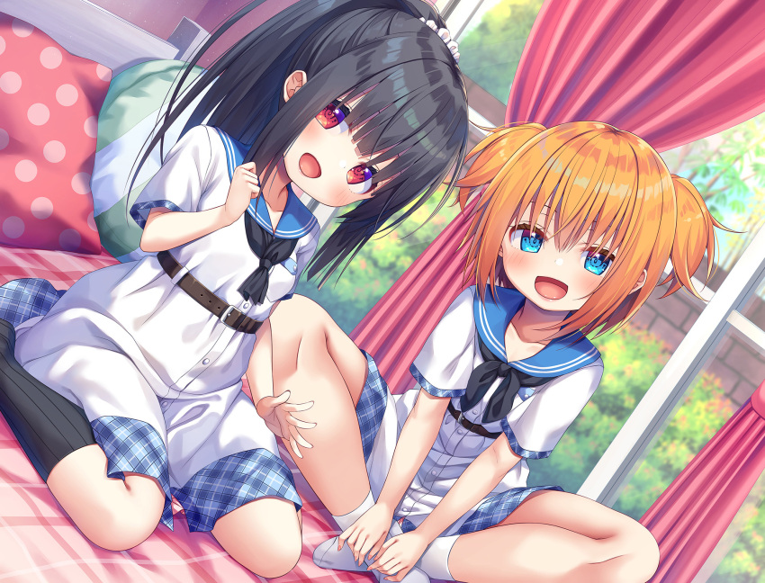 2girls, black_hair, blue_eyes, brown_hair, curtains, day, dutch_angle, highres