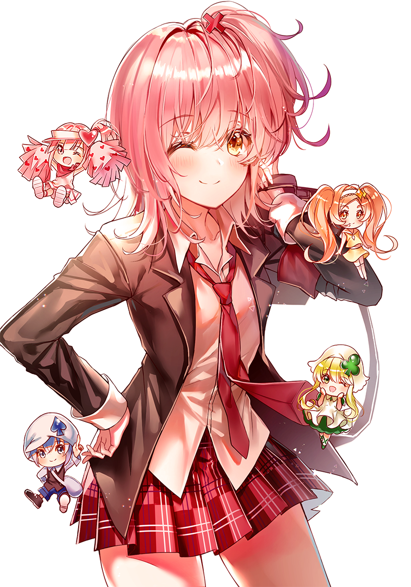 5girls, blonde_hair, blue_eyes, blue_hair, cheerleader, chibi, cross_hair_ornament, dia_(shugo_chara!), guardian_chara, hair_ornament, hat, hinamori_amu, lium, miki_(shugo_chara!), multiple_girls, necktie, open_mouth, orange_hair, pink_hair, pom_poms, ran_(shugo_chara!), school_uniform, seiyo_academy_uniform, short_hair, shugo_chara!, skirt, suu_(shugo_chara!), visor_cap, yellow_eyes