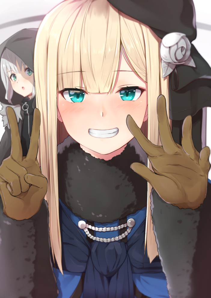 2girls, blonde_hair, blue_coat, blue_eyes, blush, brown_gloves, coat, eyebrows_visible_through_hair