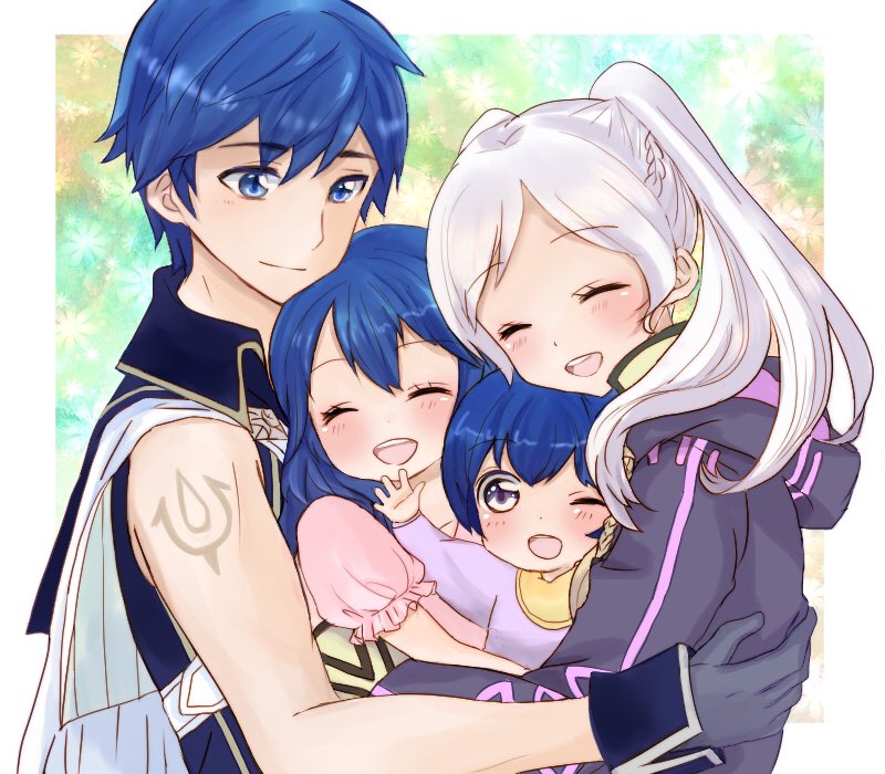 2boys, 2girls, arm_tattoo, blue_hair, blush, cape, closed_eyes, father_and_daughter, father_and_son, female_my_unit_(fire_emblem:_kakusei), fire_emblem, fire_emblem:_kakusei, floral_background, happy, hood, hood_down, krom, looking_at_another, lucina, mark_(fire_emblem), mark_(male)_(fire_emblem), mother_and_daughter, mother_and_son, multiple_boys, multiple_girls, my_unit_(fire_emblem:_kakusei), open_mouth, puni_(thw0lau0etfzzfh), short_hair, silver_hair, smile, tattoo, upper_body, younger