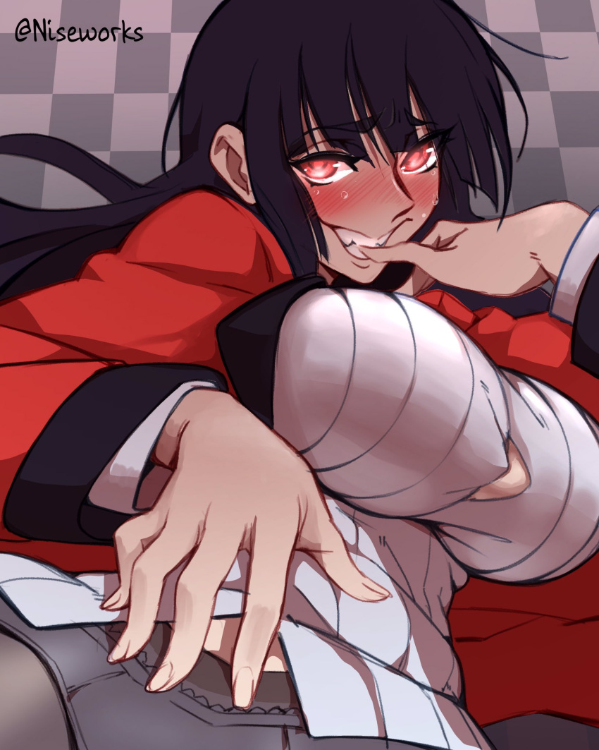 1girl, black_hair, blush, breasts, bursting_breasts, close-up, commentary, english_commentary, eyebrows_visible_through_hair, fang, grin, highres, hime_cut, jabami_yumeko, jacket, kakegurui, large_breasts, long_hair, looking_at_viewer, naughty_face, nisego, no_bra, nose_blush, out-of-frame_censoring, panties, panties_under_pantyhose, pantyhose, red_eyes, red_jacket, school_uniform, sheer_legwear, shirt, smile, solo, sweat, taut_clothes, taut_shirt, underwear