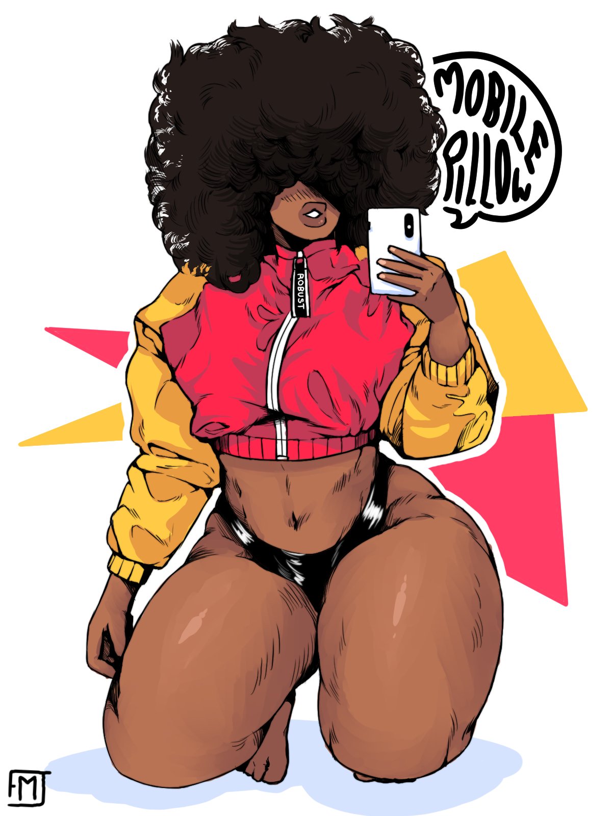 1girl, afro, barefoot, big_hair, black_hair, black_panties, blush, cellphone, crop_top, dark_skin, fullmetaljack, hair_over_eyes, highres, jacket, kneeling, letterman_jacket, lips, navel, panties, phone, photo-referenced, puckered_lips, real_life, self_shot, smartphone, solo, thick_thighs, thighs, toes, underwear, very_dark_skin, zipper