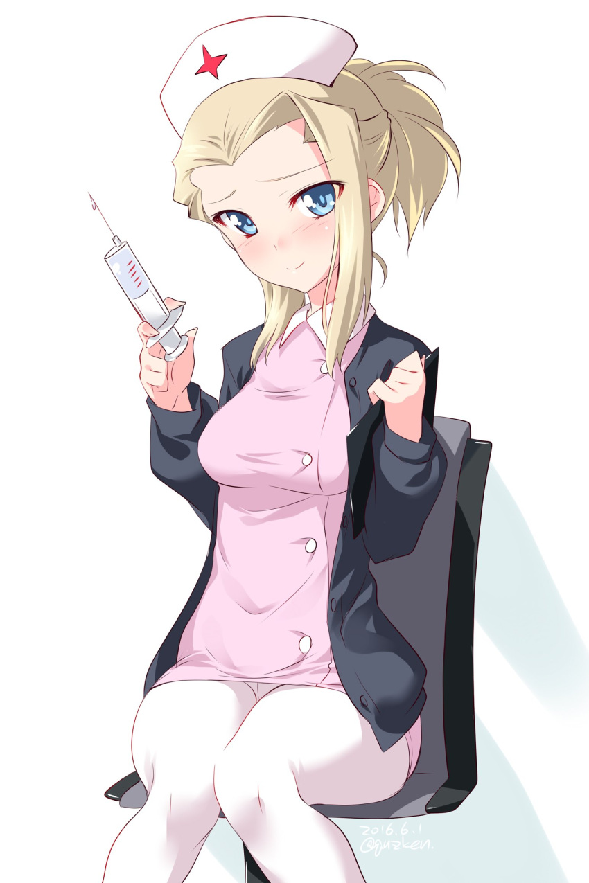 1girl, blue_eyes, blush, breasts, girls_und_panzer, highres, jacket, knees_together