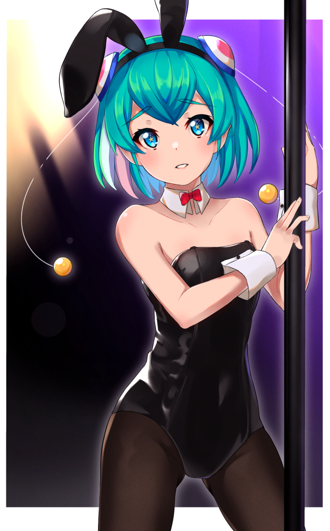 1girl, animal_ears, aqua_hair, black_legwear, black_leotard, blue_hair, bow, bowtie