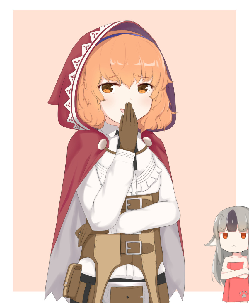 2girls, :d, animal_ears, belt, blouse, brown_eyes, chibi, chibi_inset