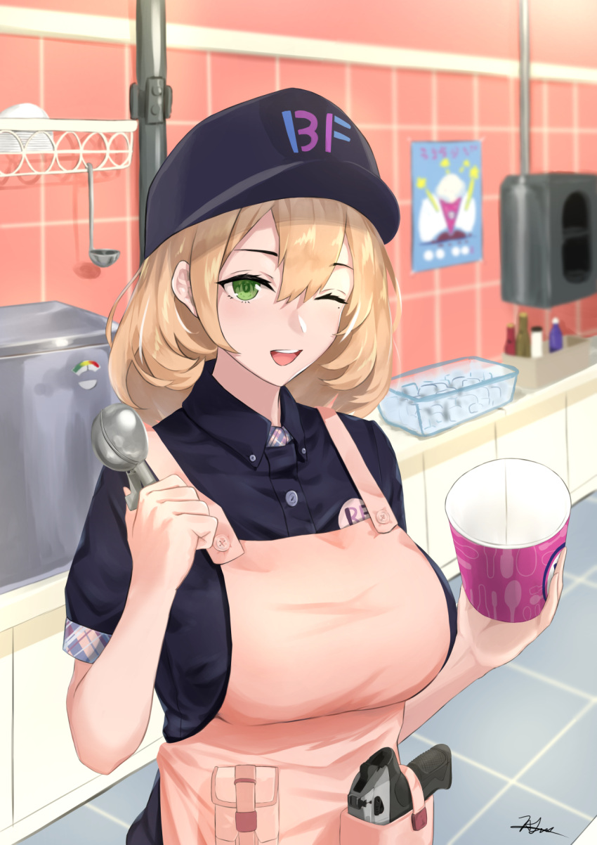 1girl, apron, baskin-robbins, blonde_hair, chaciooh, commentary_request, food, girls_frontline
