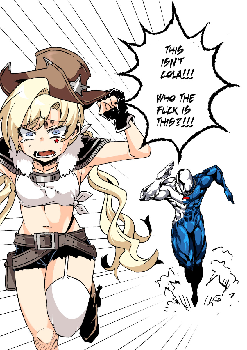 1boy, 1girl, absurdres, blonde_hair, blue_eyes, colt_m1873_(girls_frontline), cowboy_hat, crying, crying_with_eyes_open, english_text, faceless, fleeing, girls_frontline, haho, hat, highres, navel, pepsi, pepsiman, running, speech_bubble, superhero, tears, western