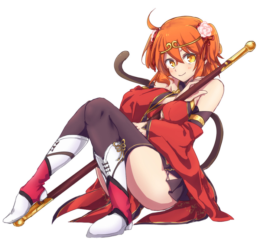 1girl, ahoge, armlet, black_legwear, black_skirt, cat_tail, detached_sleeves, eyebrows_visible_through_hair, fate/grand_order, fate_(series), flower, fujimaru_ritsuka_(female), full_body, hair_between_eyes, hair_flower, hair_ornament, hair_ribbon, holding, holding_staff, long_sleeves, looking_at_viewer, medium_hair, miniskirt, nm222, orange_hair, pink_flower, pleated_skirt, red_ribbon, red_sleeves, ribbon, simple_background, sitting, skirt, smile, solo, staff, tail, thigh-highs, two_side_up, white_background, yellow_eyes, zettai_ryouiki