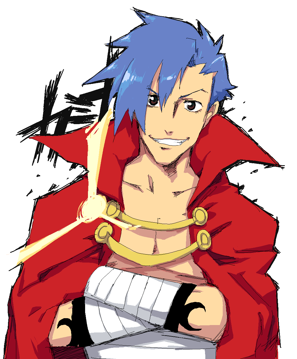 bandage, blue_hair, cape, crossed_arms, grin, highres, kamina, male