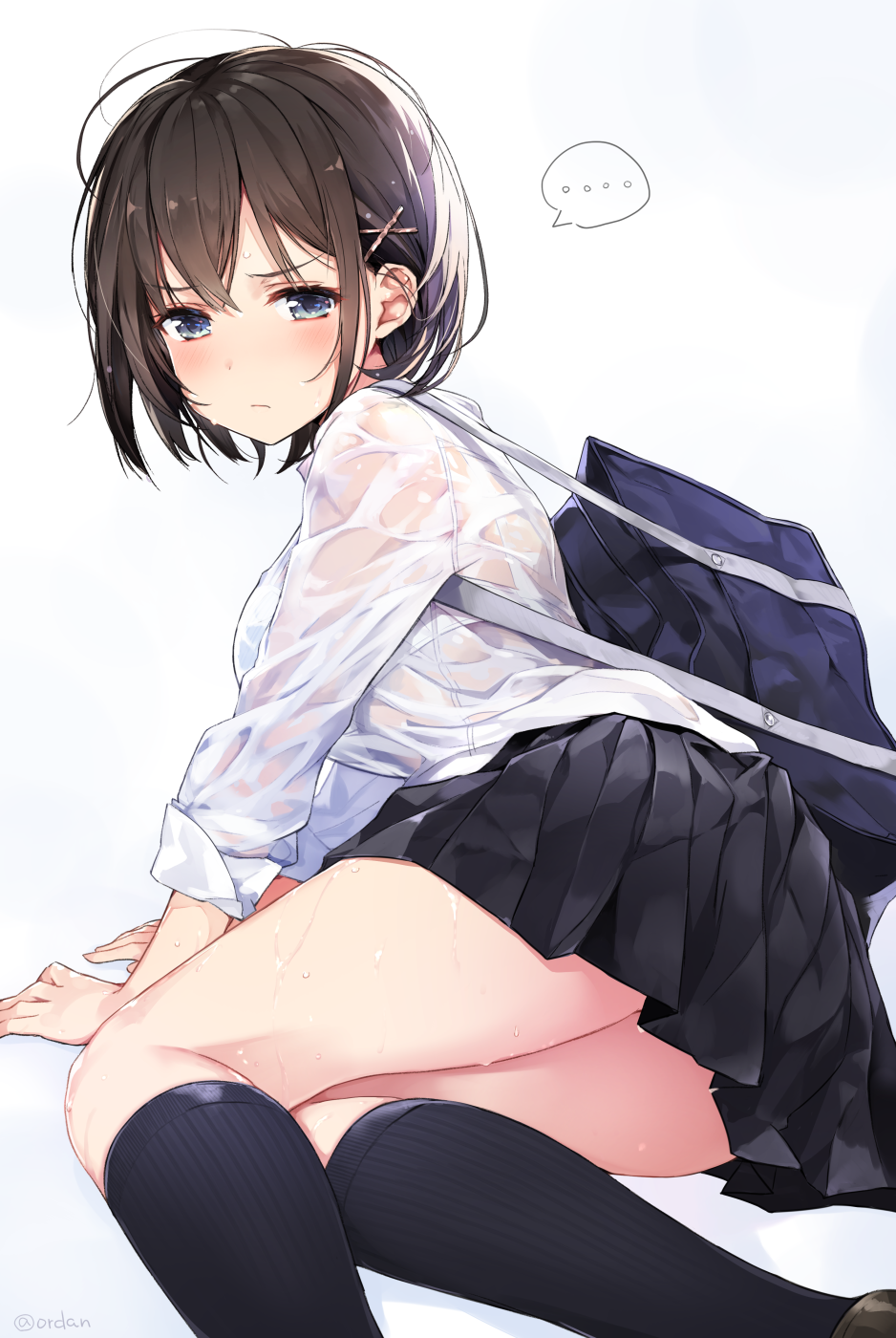..., 1girl, amagai_tarou, bag, bangs, black_hair, black_legwear, blue_eyes