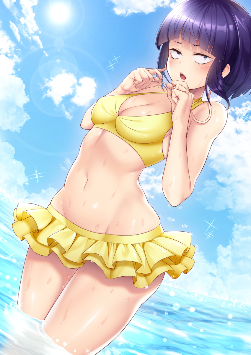 1girl, absurdres, bangs, bare_arms, bare_shoulders, bikini, bikini_skirt, black_hair, blue_sky, blunt_bangs, blush, boku_no_hero_academia, breasts, cable, clouds, commentary_request, day, highres, holding, in_water, jirou_kyouka, kashima_mashino, looking_at_viewer, navel, open_mouth, outdoors, short_hair, sky, small_breasts, solo, sun, swimsuit, upper_teeth, water, yellow_bikini