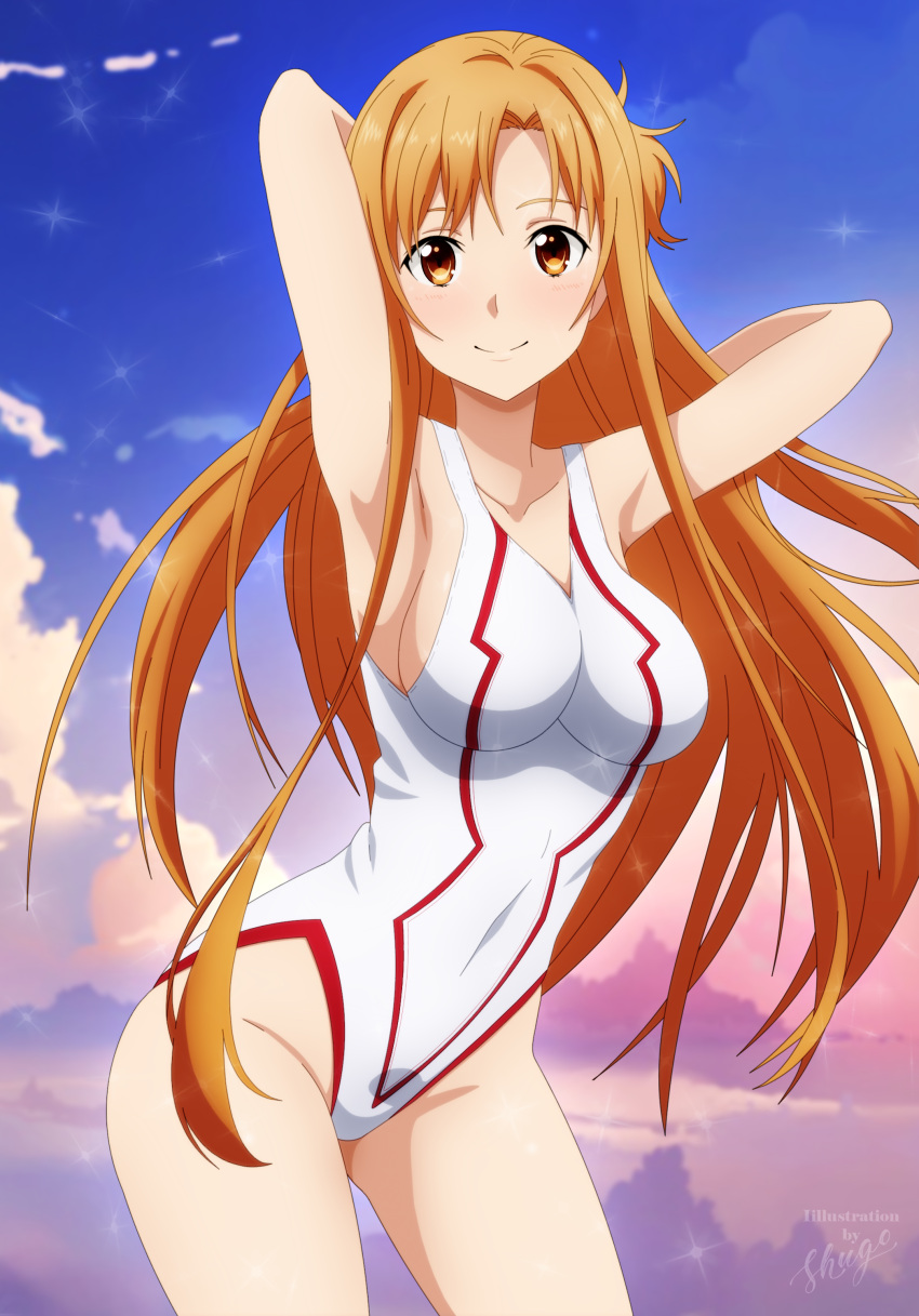 1girl, absurdres, armpits, arms_behind_head, artist_name, asuna_(sao), benjoerres, blue_sky, blush, breasts, brown_eyes, brown_hair, clouds, collarbone, commentary, highres, huge_filesize, large_breasts, long_hair, looking_at_viewer, outdoors, red_swimsuit, sky, smile, solo, swimsuit, sword_art_online, white_swimsuit