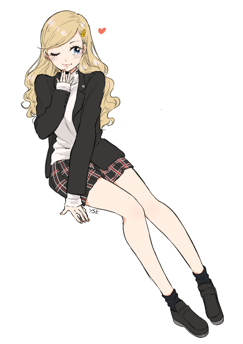 1girl, alternate_hair_length, alternate_hairstyle, atlus, blonde_hair, blush, closed_mouth, cute, earrings, full_body, gin'noya_suko, hair_down, hair_ornament, hairclip, heart, highres, invisible_chair, jewelry, long_hair, long_sleeves, looking_to_the_side, megami_tensei, nail_polish, nintendo, one_eye_closed, persona, persona_5, plaid, plaid_skirt, playstation, pleated_skirt, print_legwear, school_uniform, shoes, shuujin_academy_uniform, simple_background, sitting, skirt, smile, solo, stud_earrings, super_smash_bros., sweater, takamaki_anne, turtleneck, turtleneck_sweater, white_background