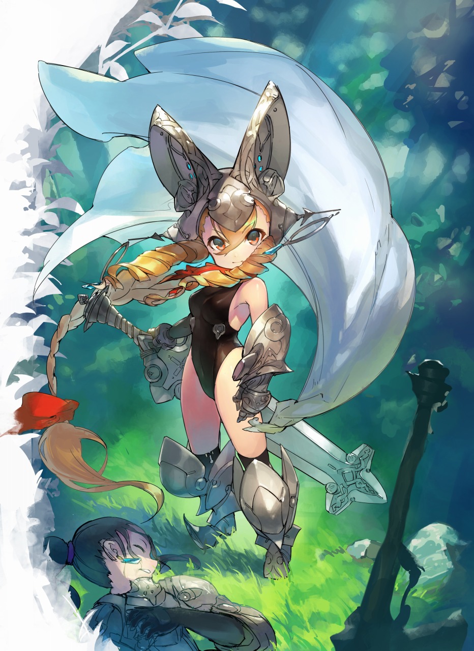 2girls, armored_boots, armpits, black_gloves, black_hair, black_leotard, blonde_hair, boots, breasts, closed_eyes, closed_mouth, drill_hair, earrings, full_body, gauntlets, gloves, grass, hair_between_eyes, hair_bun, highres, holding, holding_sword, holding_weapon, jewelry, knight, leotard, long_hair, multiple_girls, on_ground, original, red_eyes, red_ribbon, ribbon, sleeveless, small_breasts, sword, thigh-highs, very_long_hair, weapon, yogurtbomb9