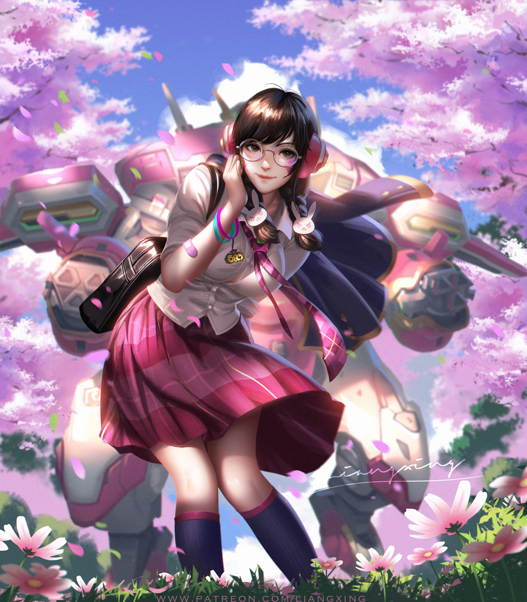 1girl, academy_d.va, animal_print, bag, bandaid_on_arm, bangs, bespectacled, blurry, blurry_background, bracelt, braid, brown_eyes, brown_hair, bunny_print, cherry_blossoms, d.va_(overwatch), day, facial_mark, glasses, headphones, highres, leaning_forward, liang_xing, long_hair, looking_at_viewer, meka_(overwatch), necktie, outdoors, overwatch, petals, school_uniform, shirt, signature, skirt, solo, swept_bangs, twin_braids, whisker_markings, white_shirt, wind