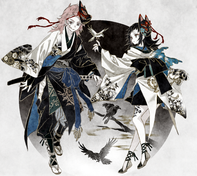 1boy, 1girl, bird, black_hair, crow, fingerless_gloves, floral_print, fox_mask