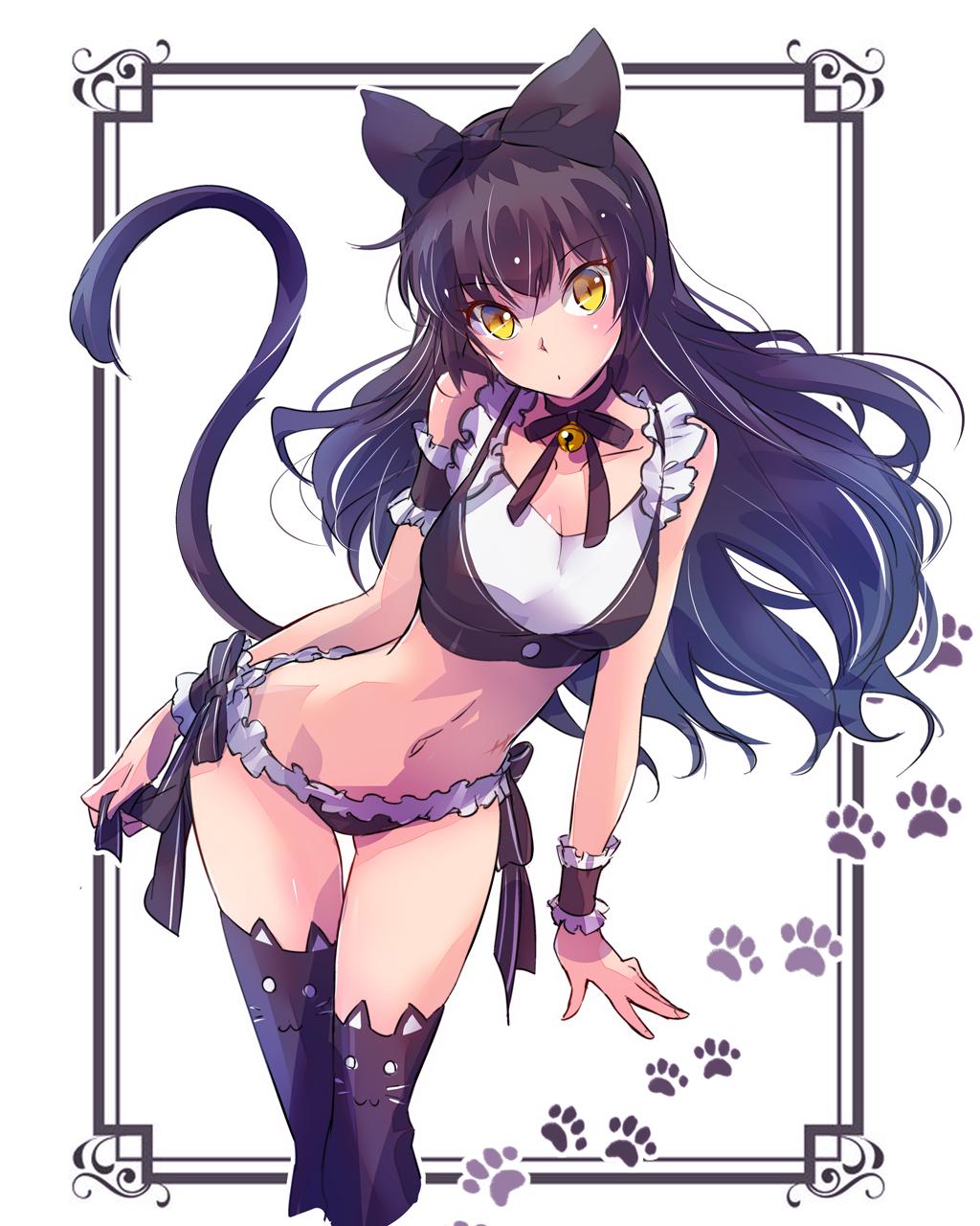 1girl, alternate_costume, bell, bell_collar, bikini, bikini_bottom, black_hair, blake_belladonna, bow, breasts, cat_tail, collar, enmaided, frilled_bikini_bottom, hair_bow, highres, iesupa, long_hair, maid, midriff, navel, ribbon, rwby, side-tie_bikini, solo, swimsuit, tail, thigh-highs, thigh_gap, wrist_cuffs, yellow_eyes