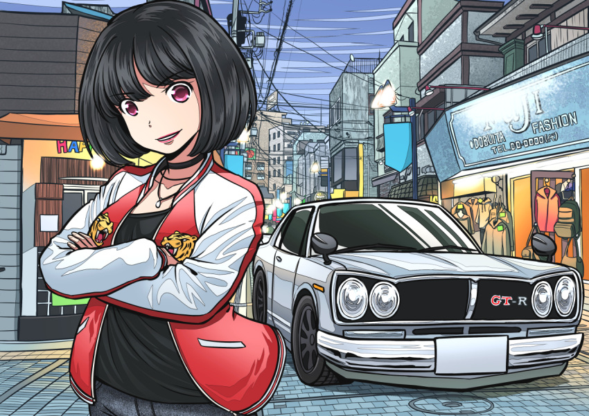 1girl, back, black_choker, black_hair, blue_sky, building, car, choker