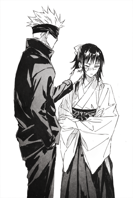 1boy, 1girl, blindfold, gojou_satoru, greyscale, hair_ribbon, hakama, hand_on_another's_face