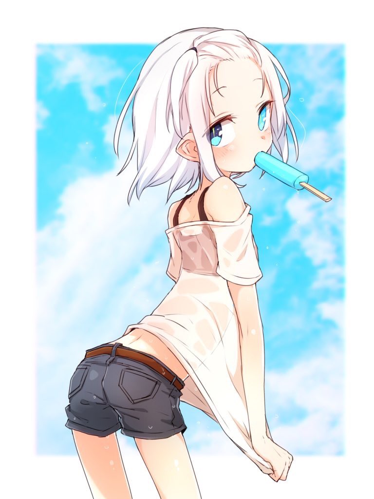 1girl, arched_back, bangs_pinned_back, bare_shoulders, belt, black_bra, black_shorts, blue_eyes