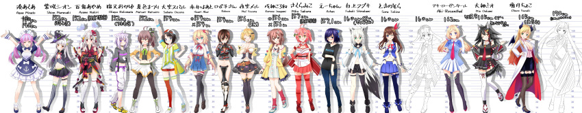 6+girls, absurdres, akai_haato, aki_rosenthal_(character), arm_up, arms_up, blush, character_name