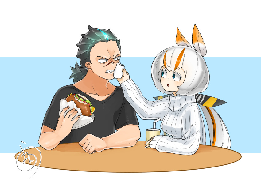 absurdres, black_hair, blue_eyes, cup, disposable_cup, drinking_straw, ears, food