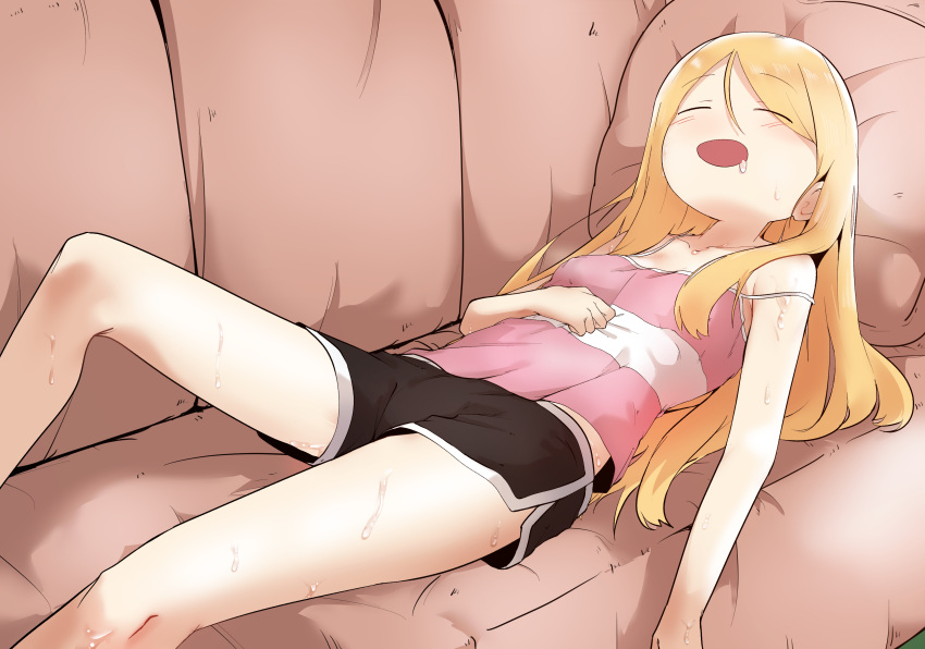 1girl, absurdres, blonde_hair, blush, bural_chingu, couch, drooling, full_body