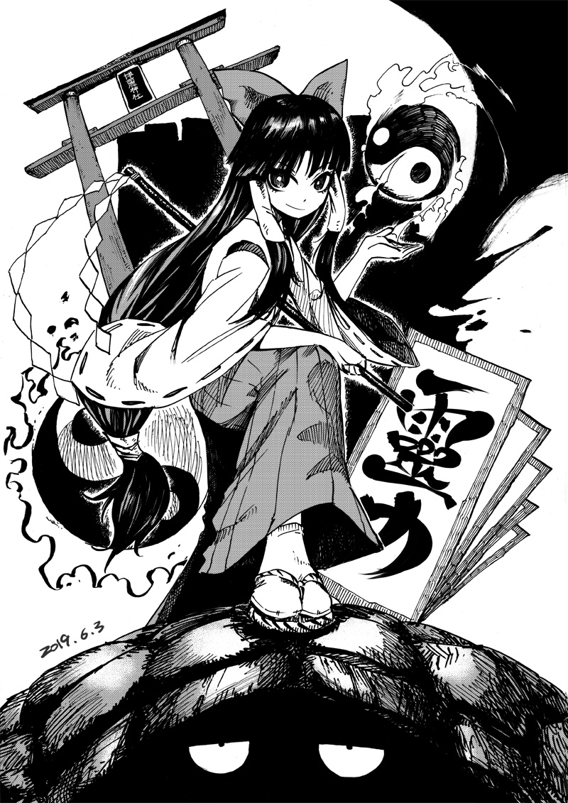 black_hair, blackcat_(pixiv), dated, detached_sleeves, dot_nose, genjii, gohei, greyscale