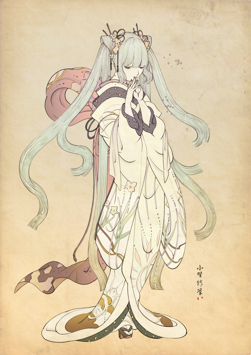 1girl, closed_eyes, commentary_request, floral_print, flower, furisode, geta, green_hair