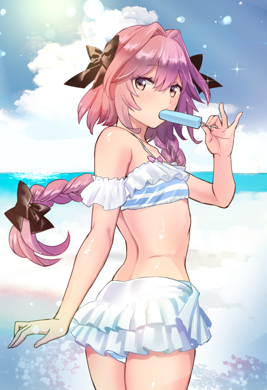 1boy, ass, astolfo_(fate), bangs, bare_shoulders, bikini, bikini_skirt, black_bow