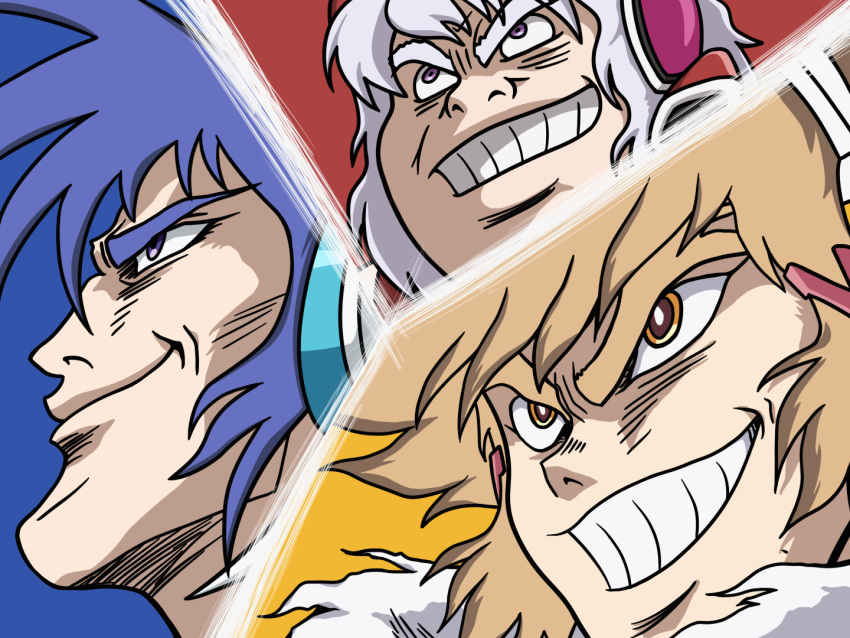 3girls, benkei_kuruma, blue_eyes, blue_hair, brown_eyes, brown_hair, getter_robo, grin