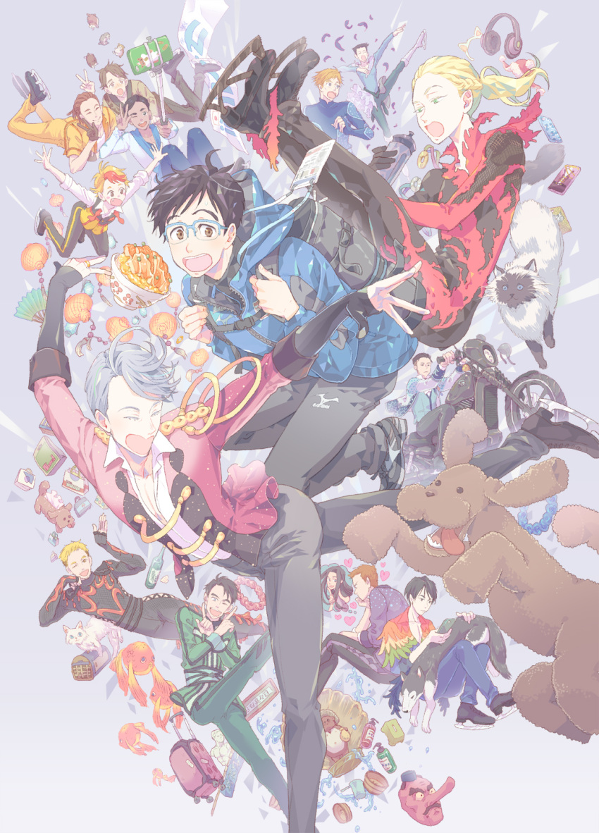 1girl, 6+boys, ;d, ^_^, animal_ears, backpack, bag, banner