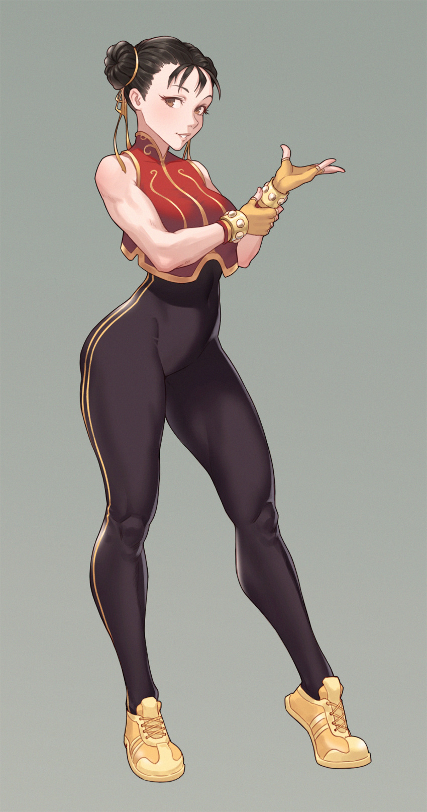 1girl, alternate_costume, bare_shoulders, black_hair, brown_eyes, cheshirrr, chun-li, english_commentary, fingerless_gloves, full_body, gloves, grey_background, hair_bun, highres, looking_at_viewer, parted_lips, shoes, short_hair, skin_tight, sleeveless, sneakers, solo, standing, street_fighter, studded_bracelet, teeth