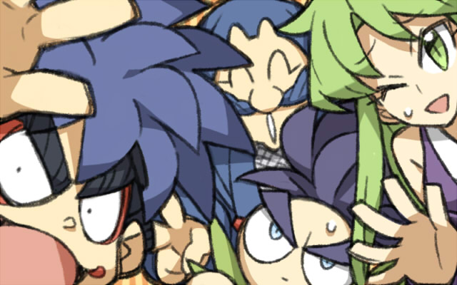 1girl, 3boys, :|, blue_hair, bodysuit, close-up, closed_eyes, closed_mouth