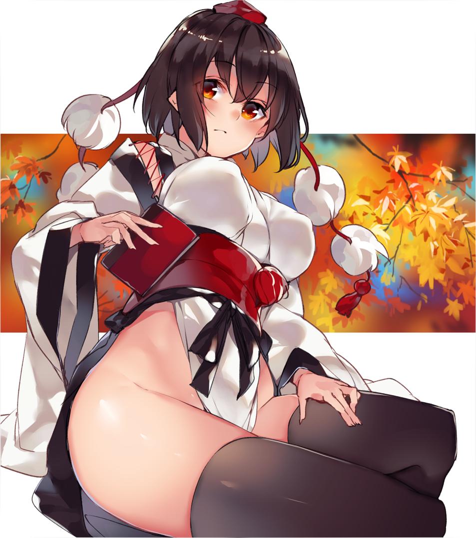 1girl, alternate_costume, autumn_leaves, bangs, black_hair, black_legwear, blush, book