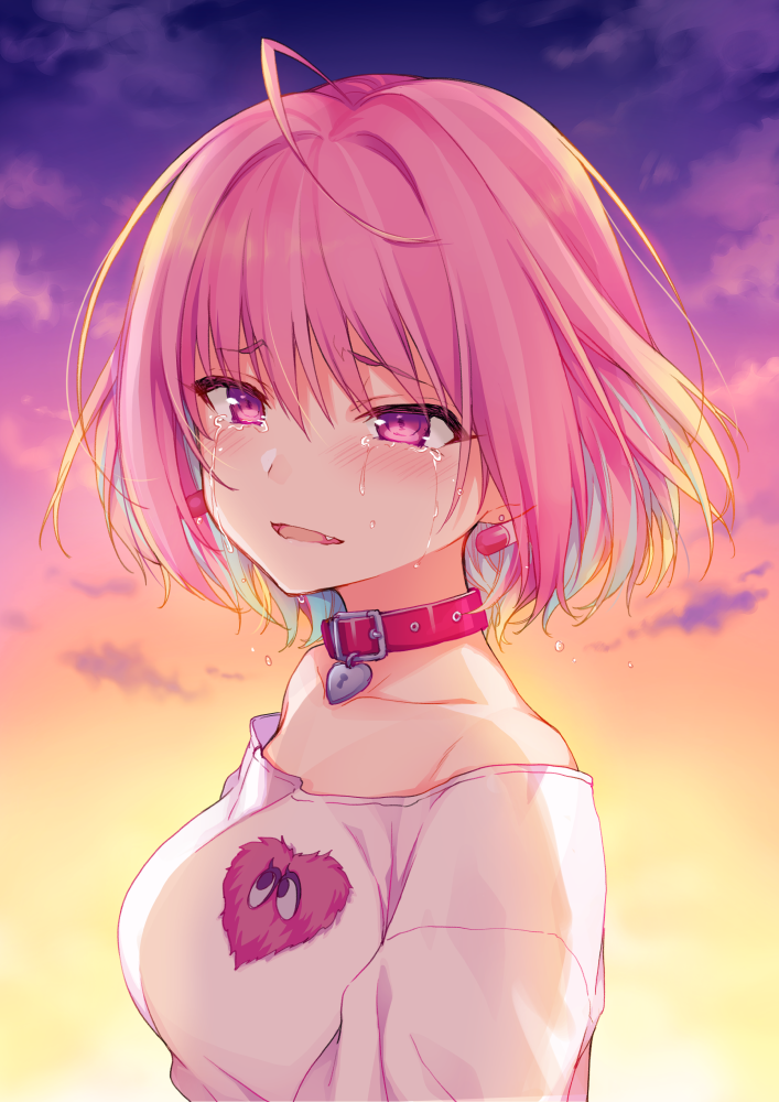 1girl, 2980, ahoge, blue_hair, blush, collar, collarbone, eyebrows_visible_through_hair