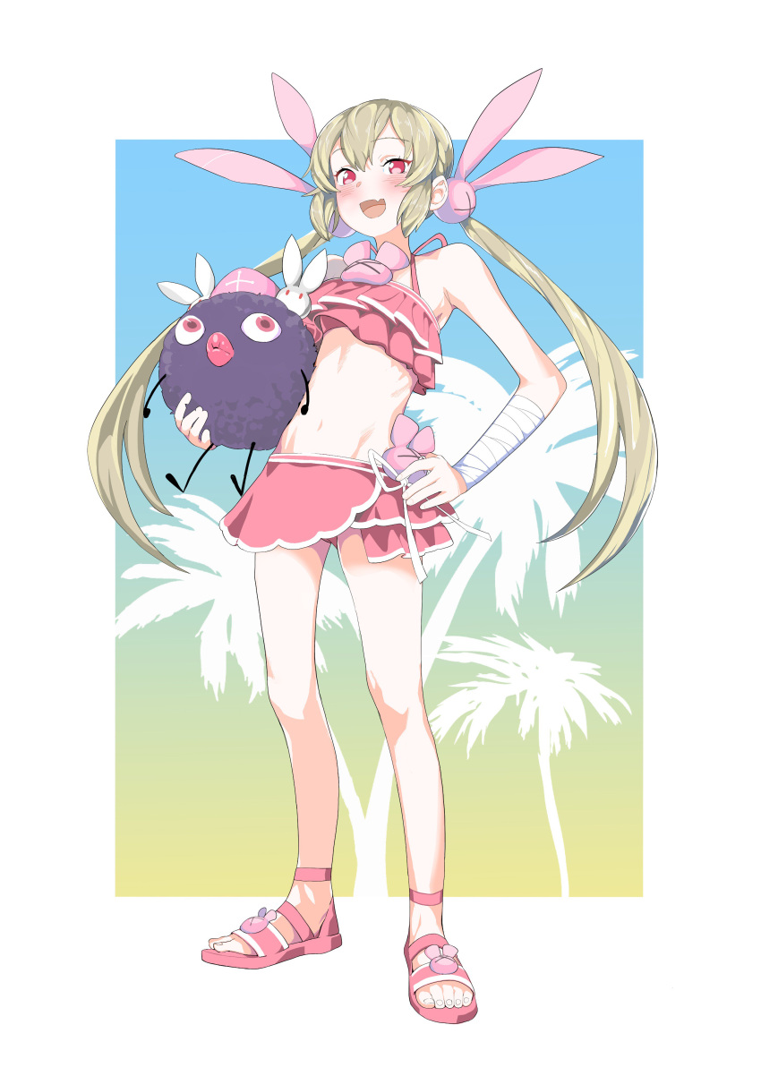 1girl, absurdres, bandages, bangs, blush, bunny_hair_ornament, commentary, creature