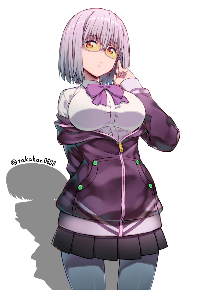 1girl, absurdres, black_skirt, bow, bowtie, breasts, broken_eyewear, closed_mouth, commentary_request, eyebrows_visible_through_hair, glasses, highres, jacket, large_breasts, long_sleeves, looking_at_viewer, pantyhose, pink-framed_eyewear, pink_hair, pleated_skirt, purple_jacket, purple_neckwear, red_eyes, semi-rimless_eyewear, shadow, shinjou_akane, shirt, short_hair, simple_background, skirt, solo, ssss.gridman, standing, takahan, twitter_username, under-rim_eyewear, white_background, white_shirt, zipper