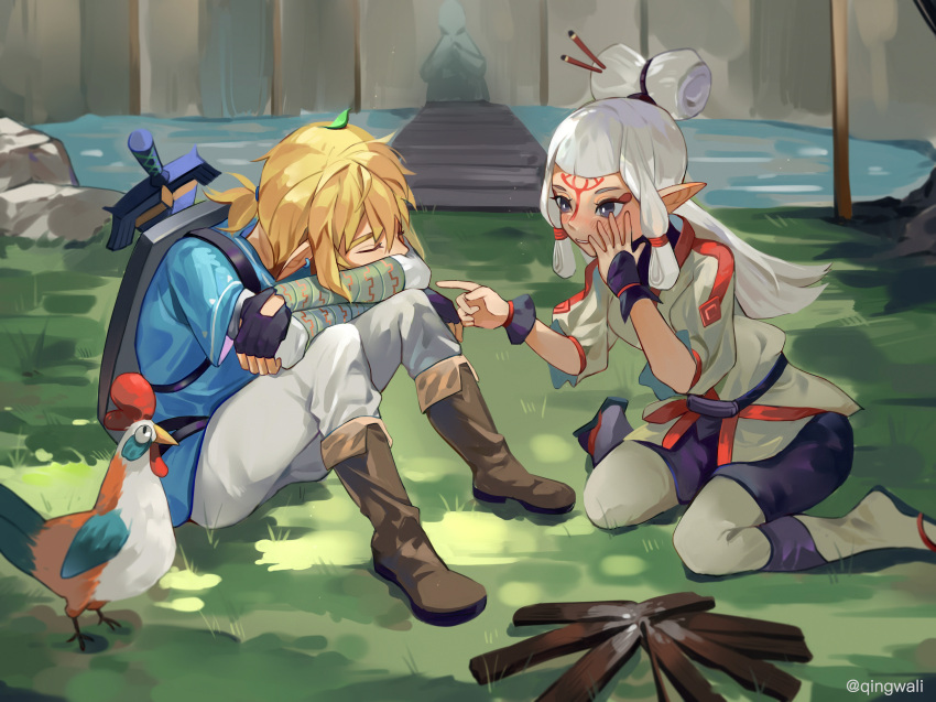 1boy, 1girl, absurdres, bird, blonde_hair, blue_tunic, blush, bridge