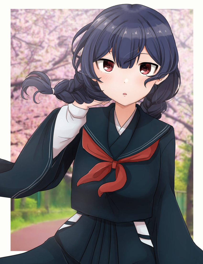 1girl, bangs, black_serafuku, blue_hair, blush, braid, cherry_blossoms, commentary