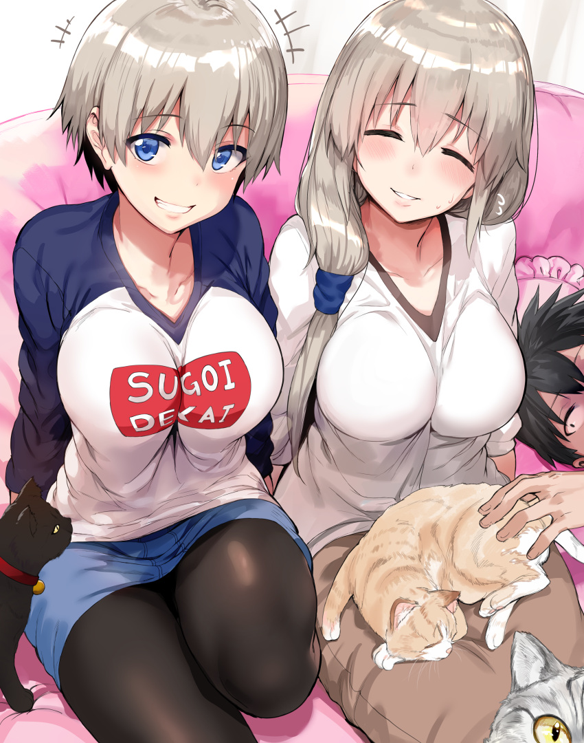 +++, 1boy, 2girls, absurdres, bangs, black_legwear, blue_eyes, blush